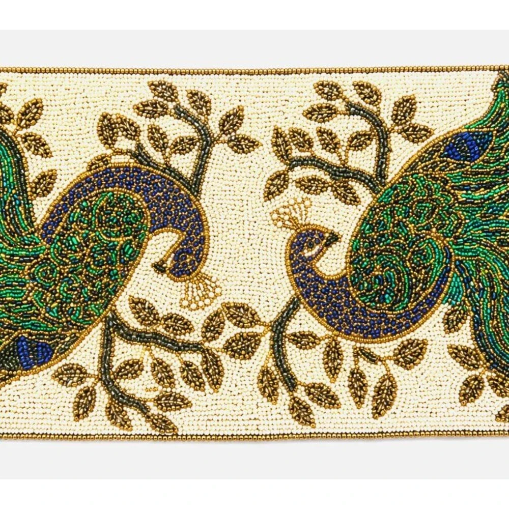 Peacock Table Runner Fully Beaded Jewel of Mumbai Peacocks Blue Green 36x13
